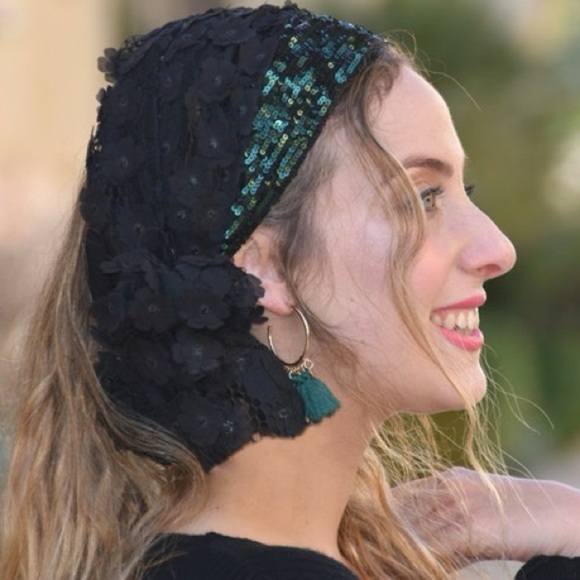 Lovely Black & Green Lace Handmade Mitpachat Head Covering-Scarf-Tichel Headband - Picture 10 of 10